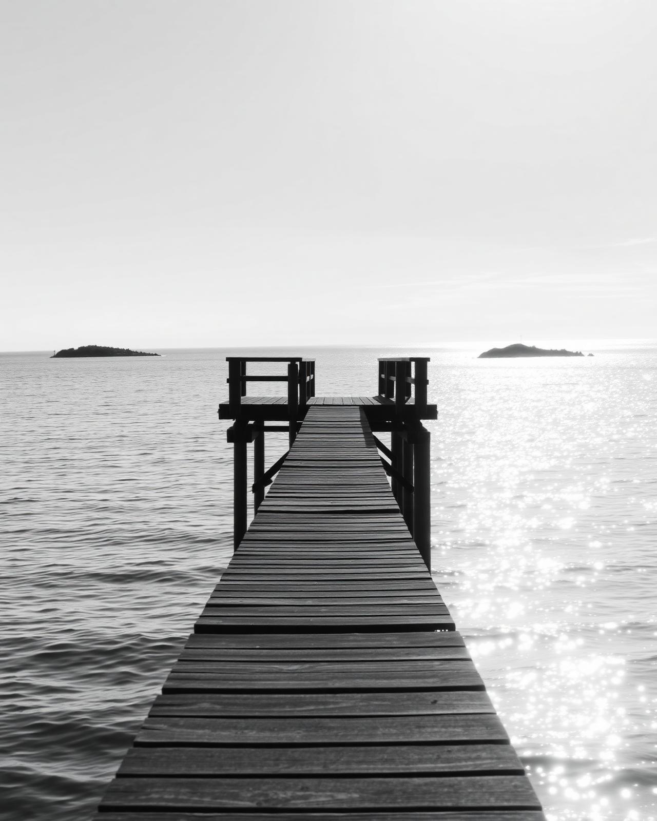 Brygga som sträcker sig ut i havet, svartvitt